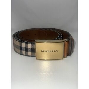 Men's Burberry  Check Leather Belt Gold Buckle Adjustable Beige Brown Sz 42-105
